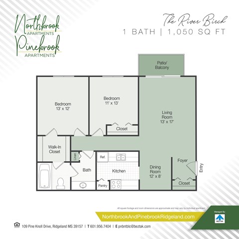 A floor plan for a 1 bathroom, 1,050 square foot apartment.